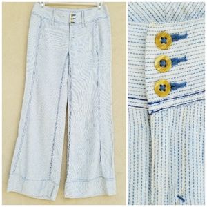 Free People white blue stitch stripe linen cotton wide leg palazzo pants sz 8 M